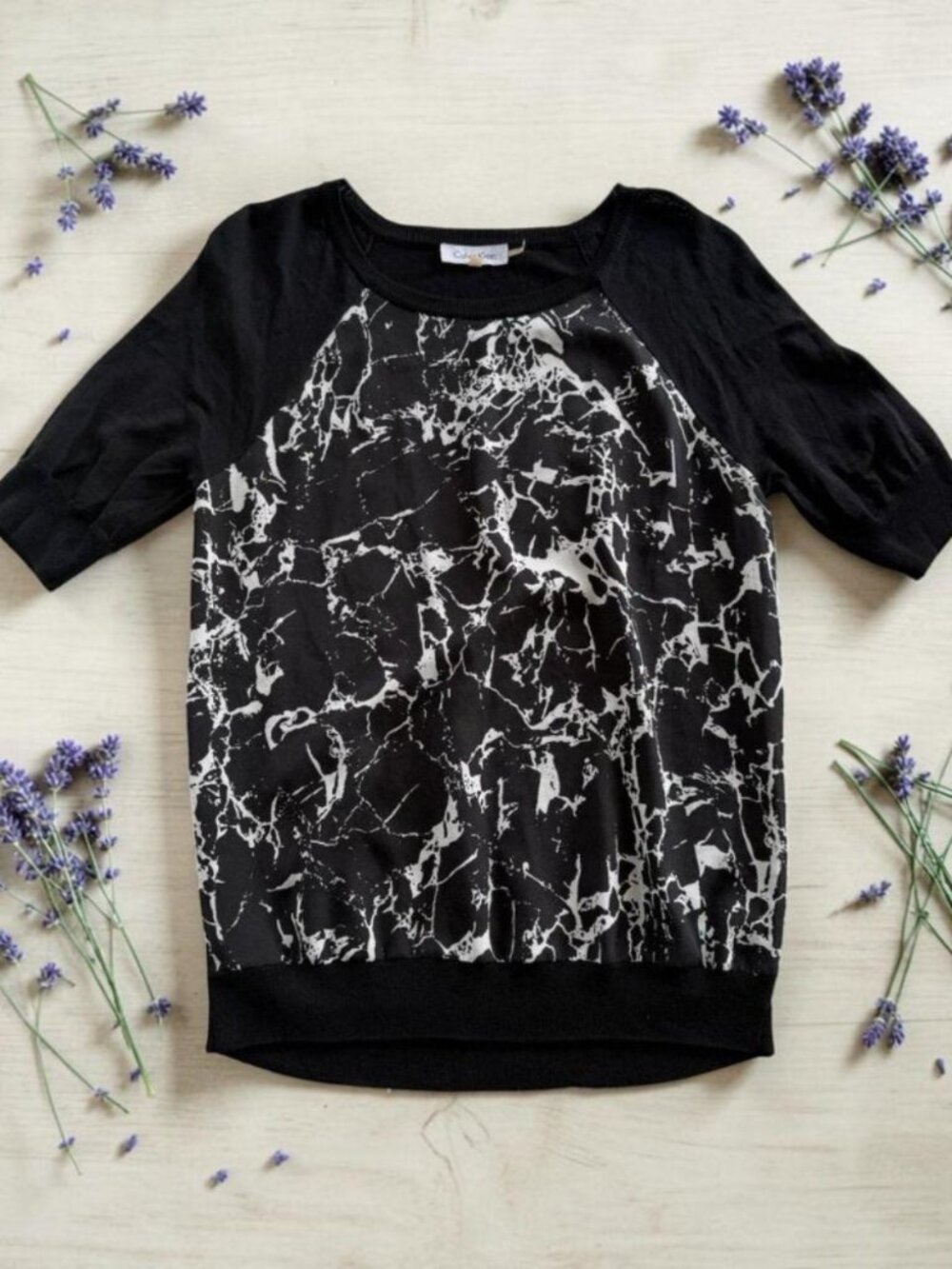 Calvin Klein Marble Print‎ Top Black White Short Sleeve Size S